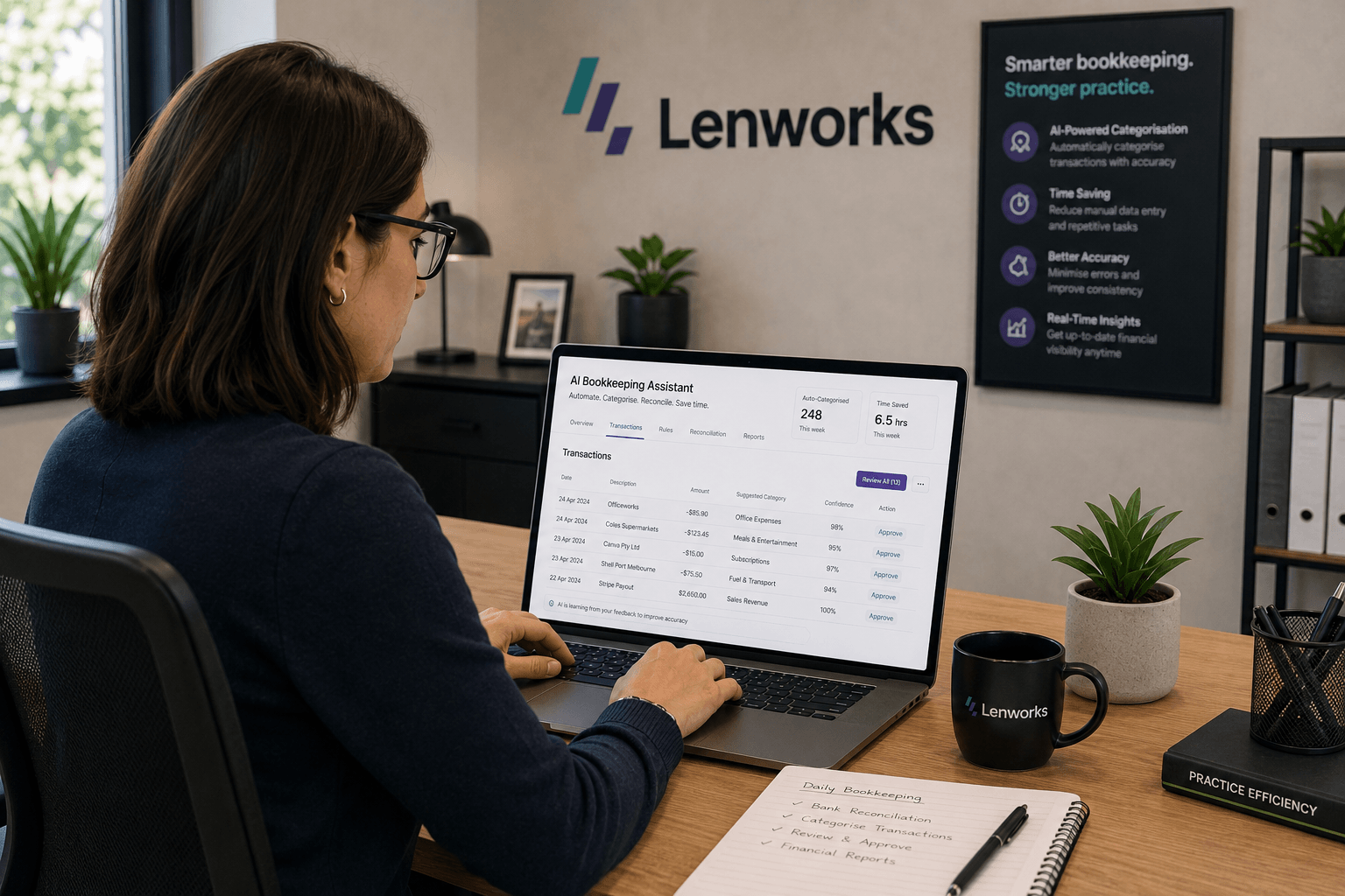 Bookkeeper reviewing AI bookkeeping software on a laptop to automate transaction categorisation for their accounting firm