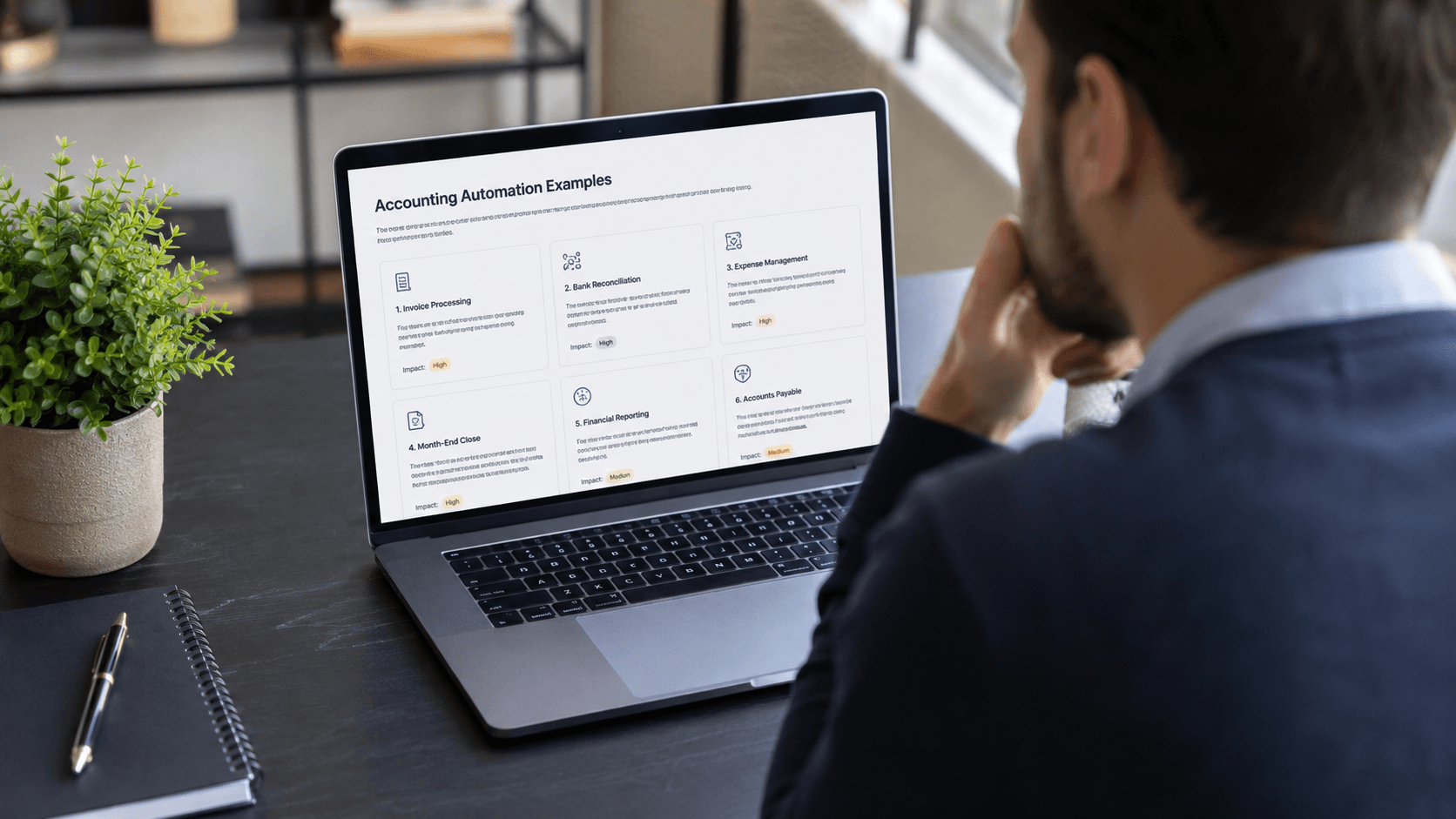 Accountant reviewing accounting automation examples on a laptop to identify which workflows to build first