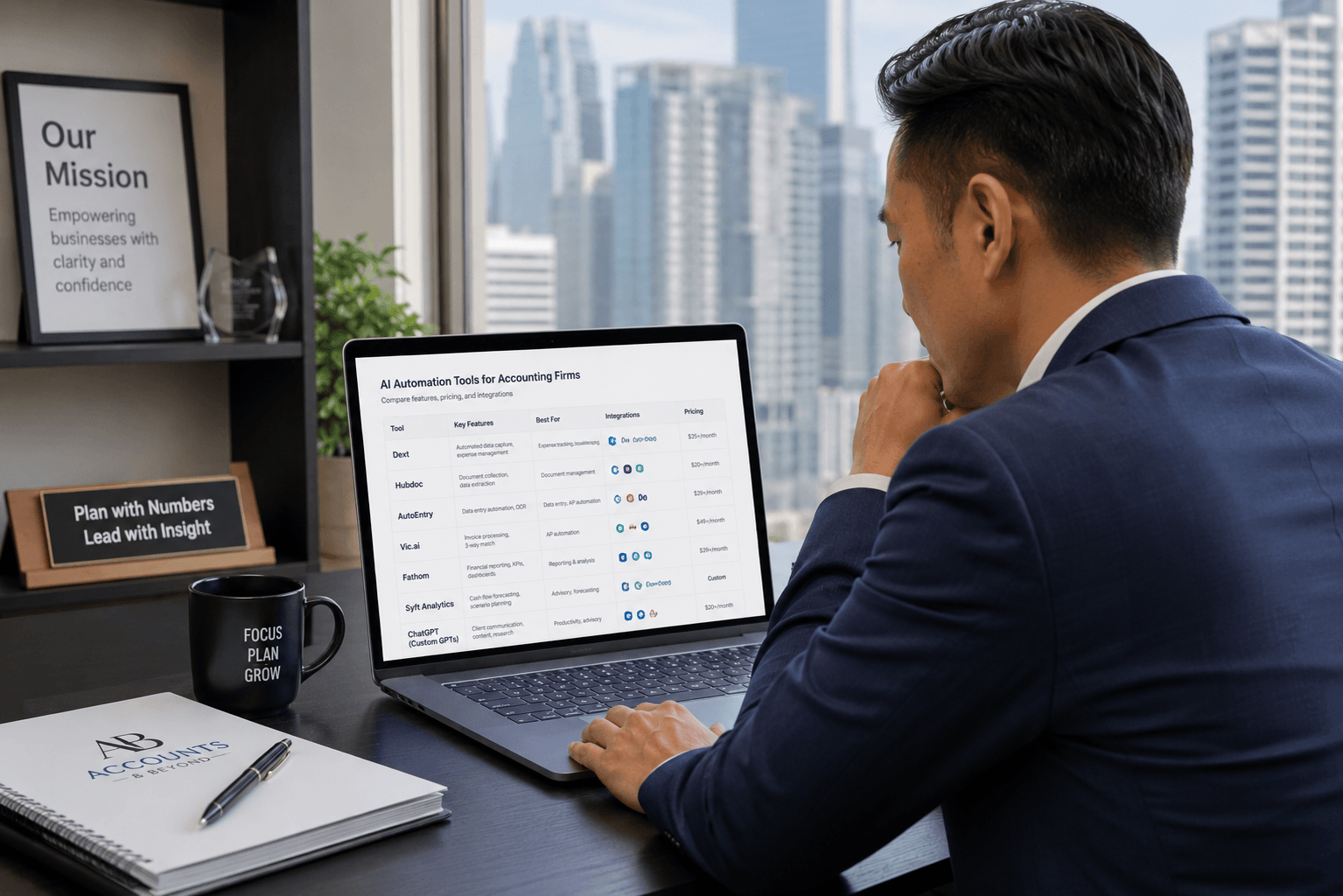 Singapore accounting firm owner reviewing AI automation tools on a laptop at their office