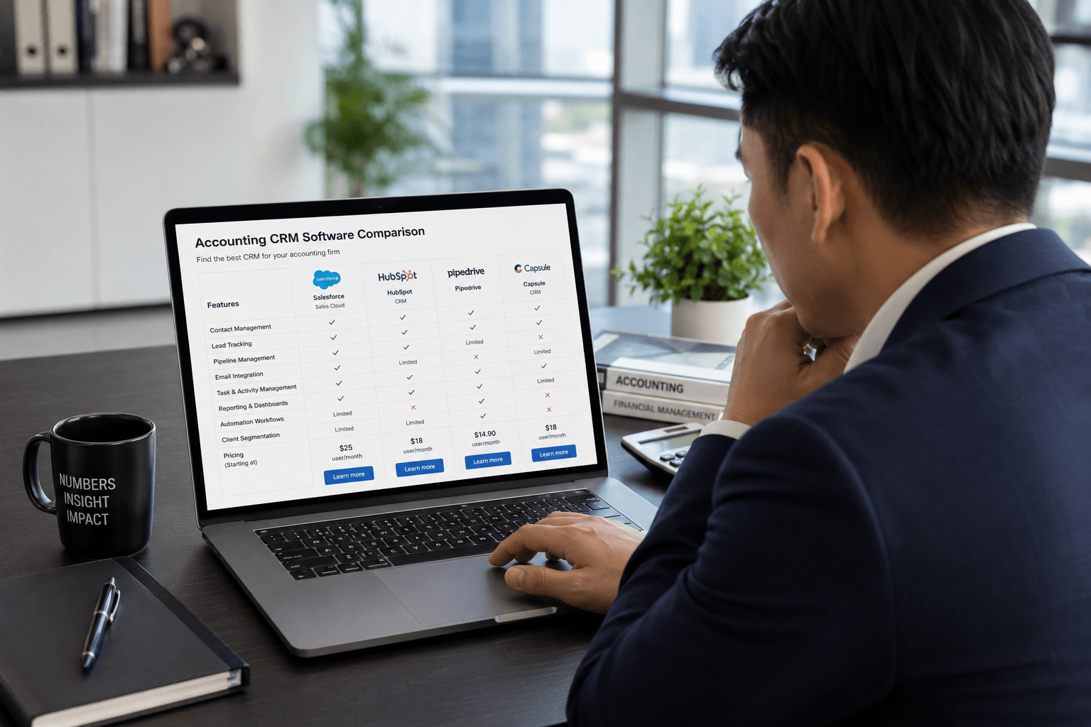 Accountant comparing accounting CRM software options on a laptop to find the best fit for their firm