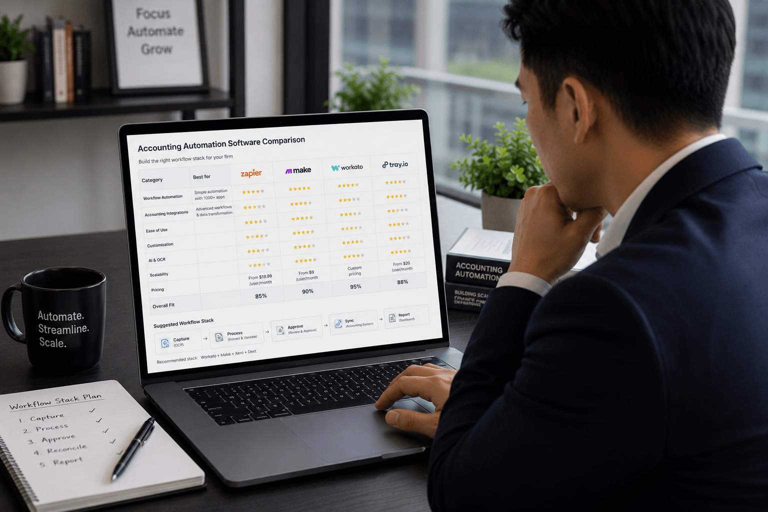 Accountant reviewing accounting automation software options on a laptop to build a workflow stack for their firm