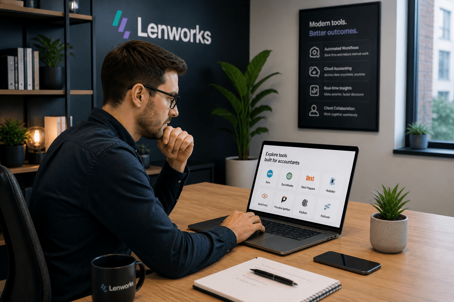 Accountant exploring modern accounting technology tools on a laptop at their firm office