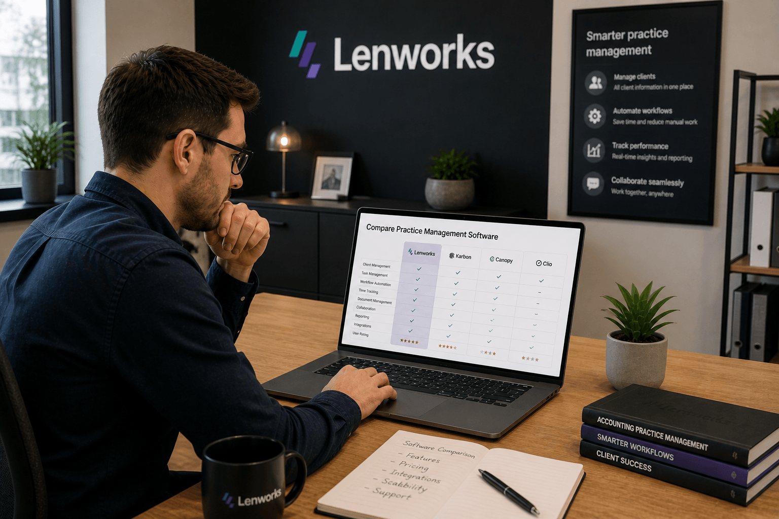 Accountant comparing accounting practice management software options on a laptop at their firm